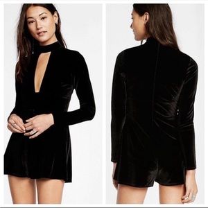 Express black velvet romper with plunging neckline